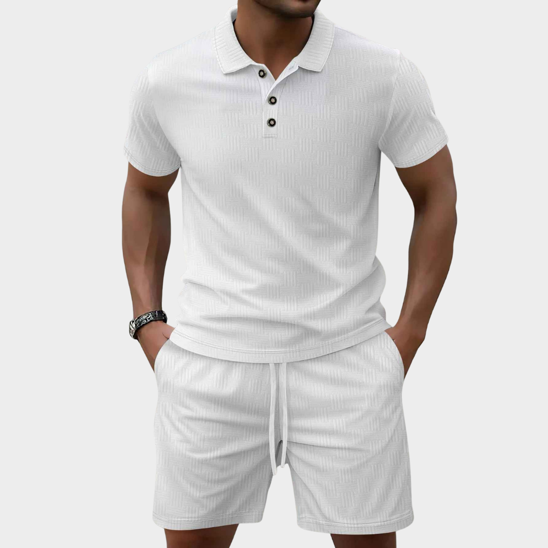 Men's Co-Ord Set – Corduroy Short Sleeve Lapel Polo Shirt with Drawstring Shorts – Multiple Colours