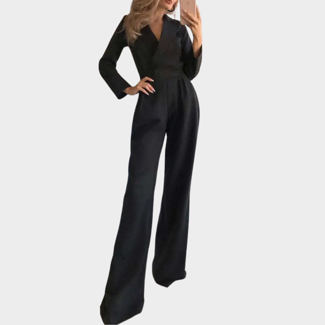 Women's Long Sleeve Jumpsuit – V-Neck – Wide Leg – Elegant One-Piece – Slight Stretch – Multiple Colours