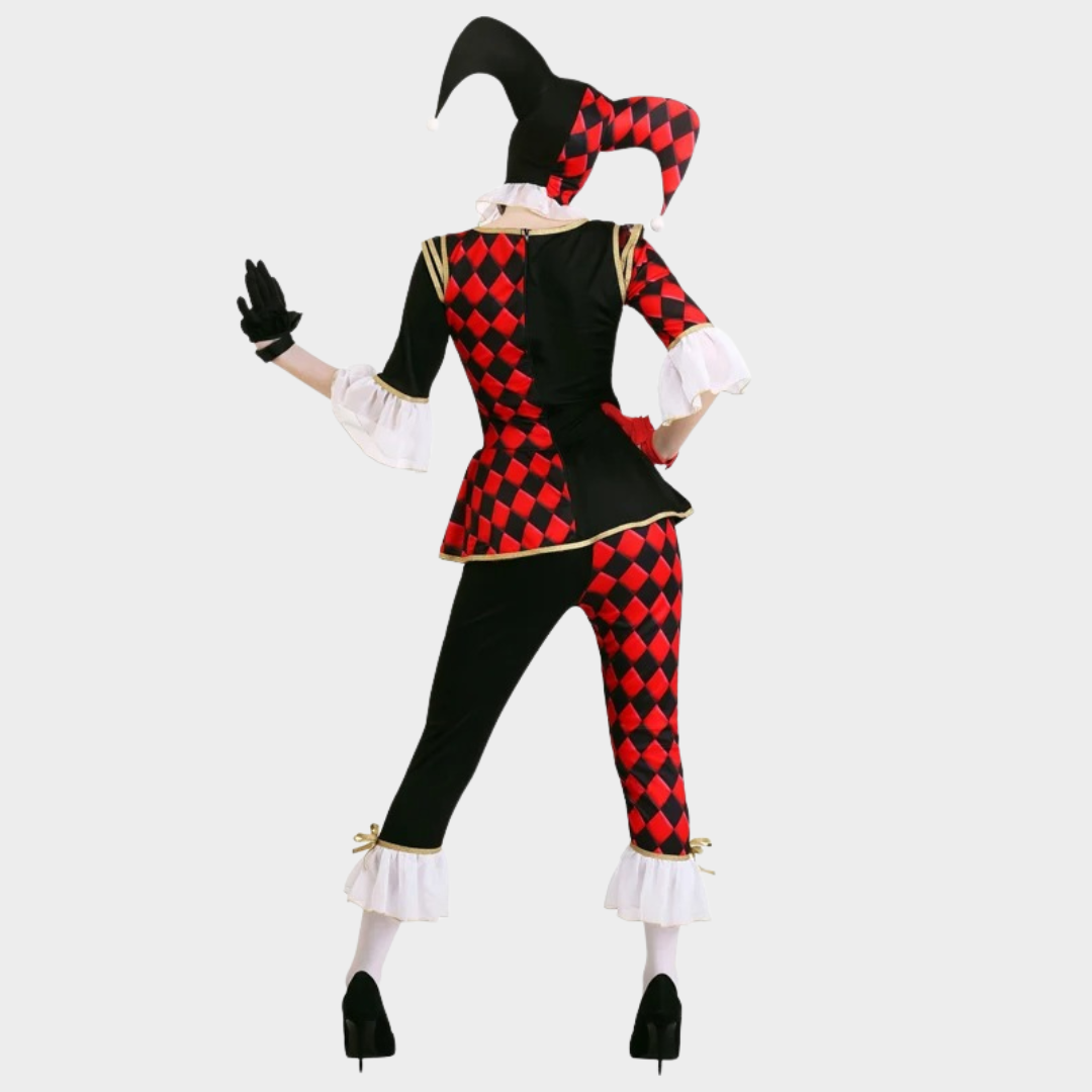 Women Creepy Circus Clown Halloween Costume – Evil Jester Cosplay Dress for Carnival Role Play and Fancy Horror Party Outfit – Red / Black