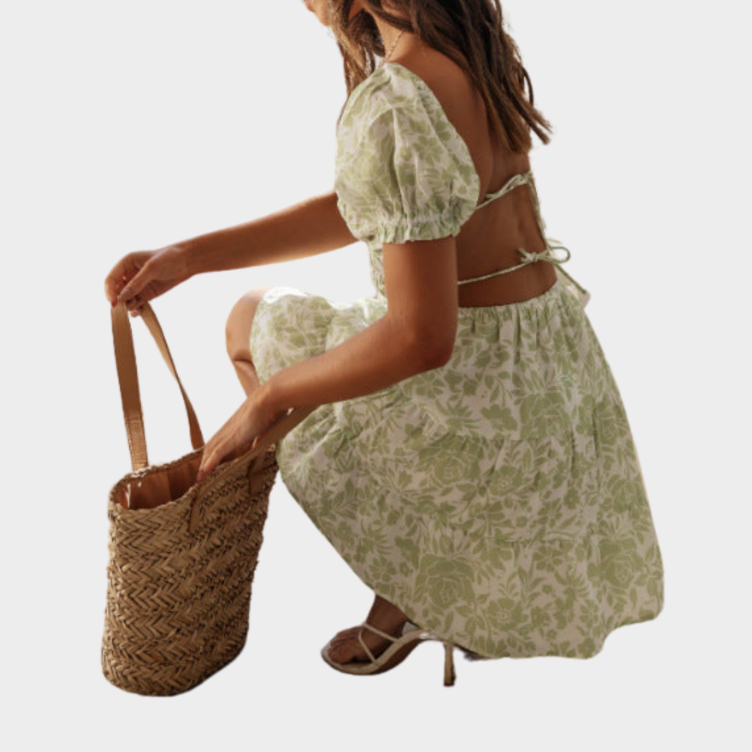 Women’s Fitted A-Line Dress – Short Puff Sleeve Smocked Mini Dress – Square Neck – Light Green