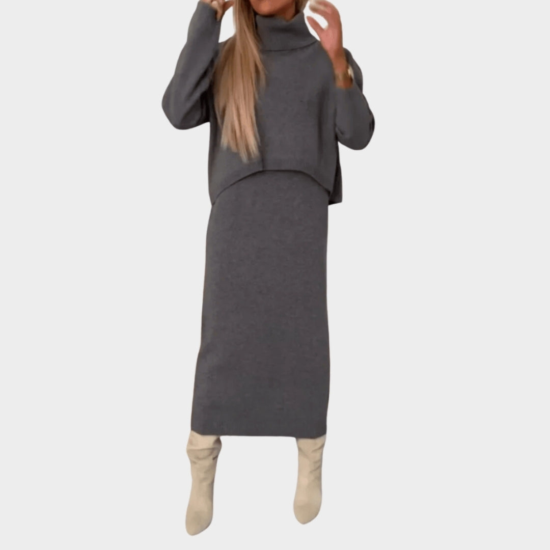 Women’s High Neck Knitted Two-Piece Set - Solid Color Skirt & Top, Autumn Winter, White, Grey, Camels