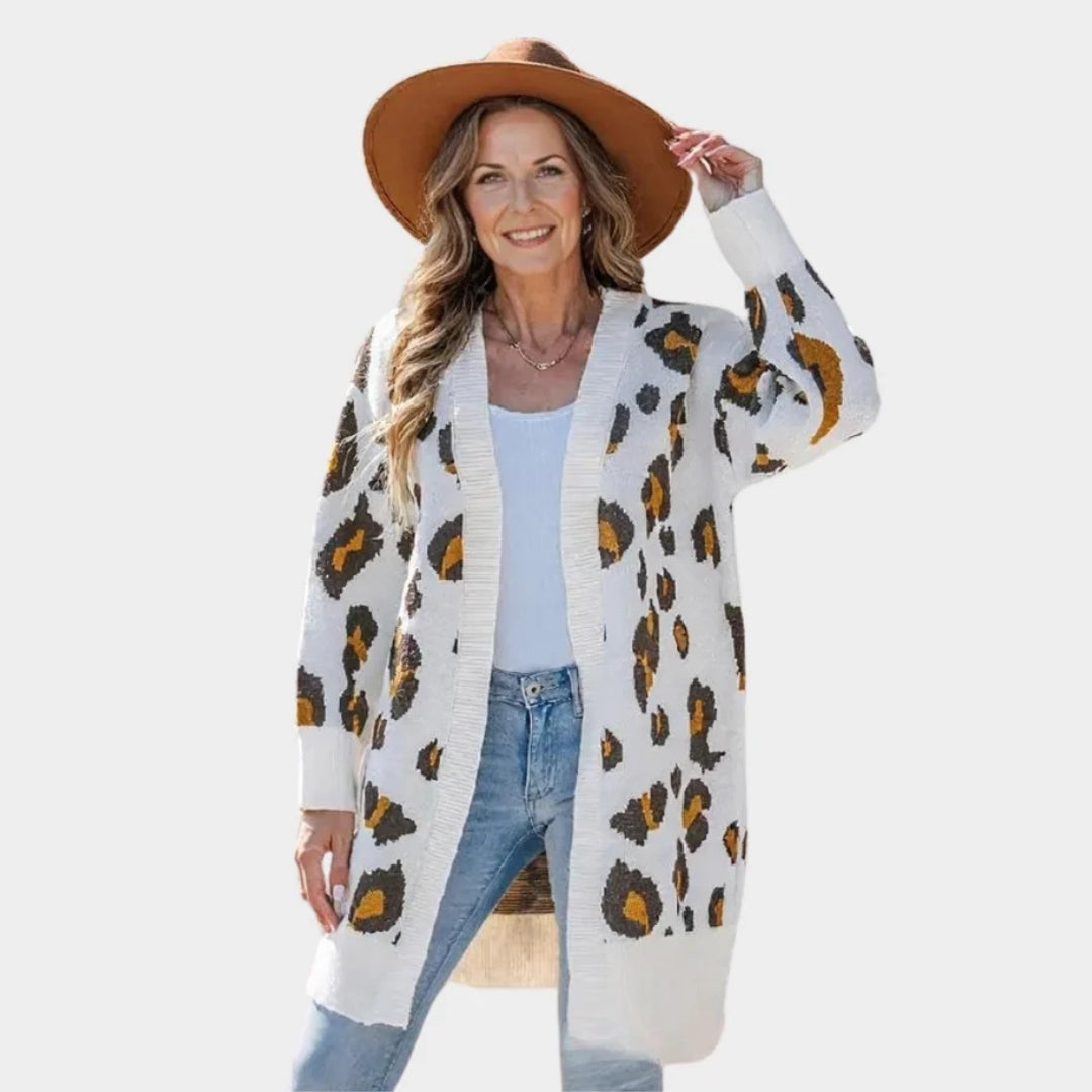 Women’s Leopard Pattern Cardigan - Long Knitted Open Front Sweater, Loose Fit, Apricot, Grey, Khaki