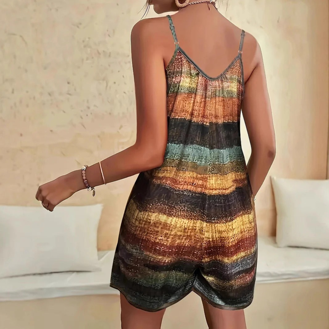 Women Sleeveless Short Jumpsuit – Loose Fit – Sling Strap – Striped Print – Casual Lightweight Romper – Orange