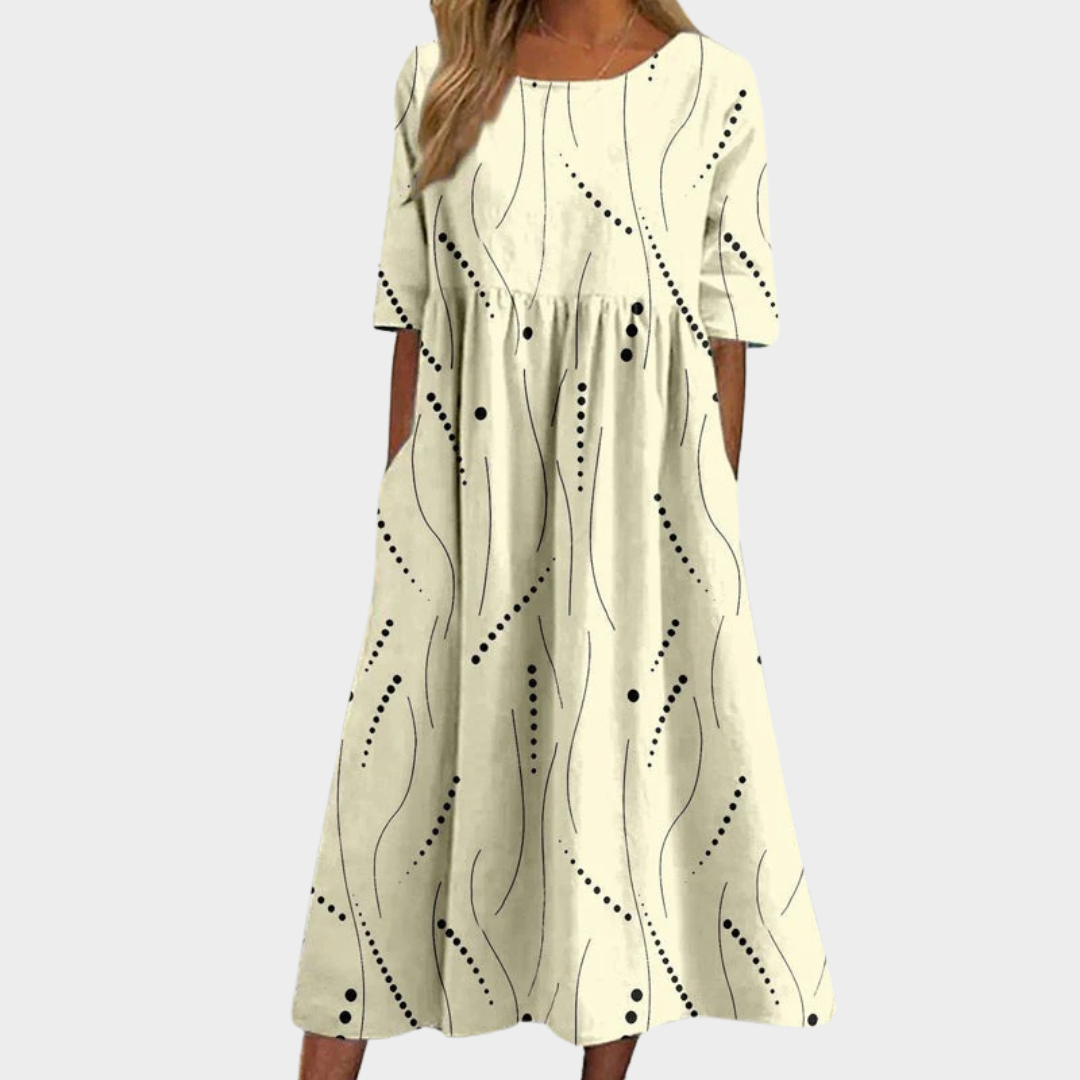 Women's Casual Vintage Dress – Half Sleeve Mid-Calf Length with Pockets Cotton-Polyester Blend – Apricot
