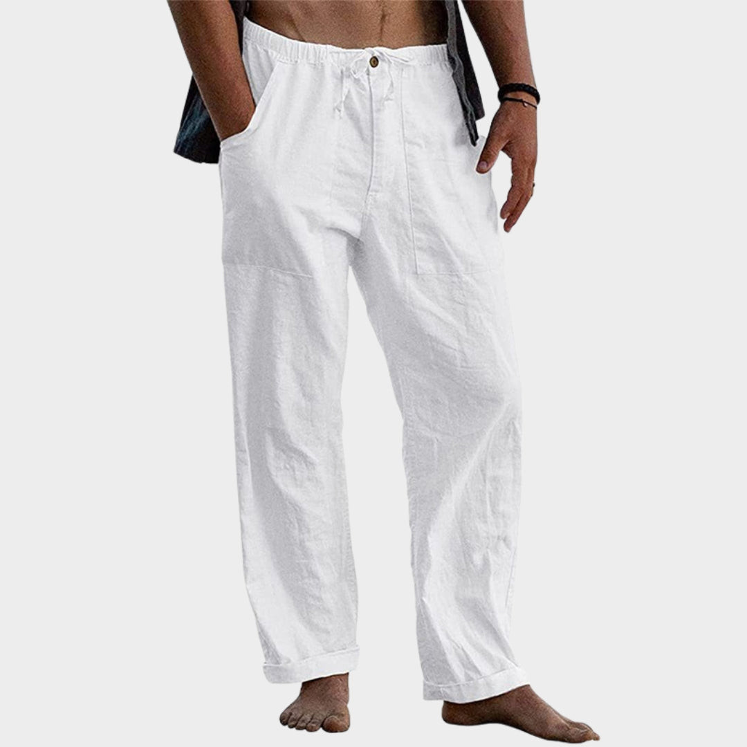 Men's Cotton Linen Trousers - Relaxed Fit - Elastic Waist with Drawstring - Breathable Beach & Lounge Pants