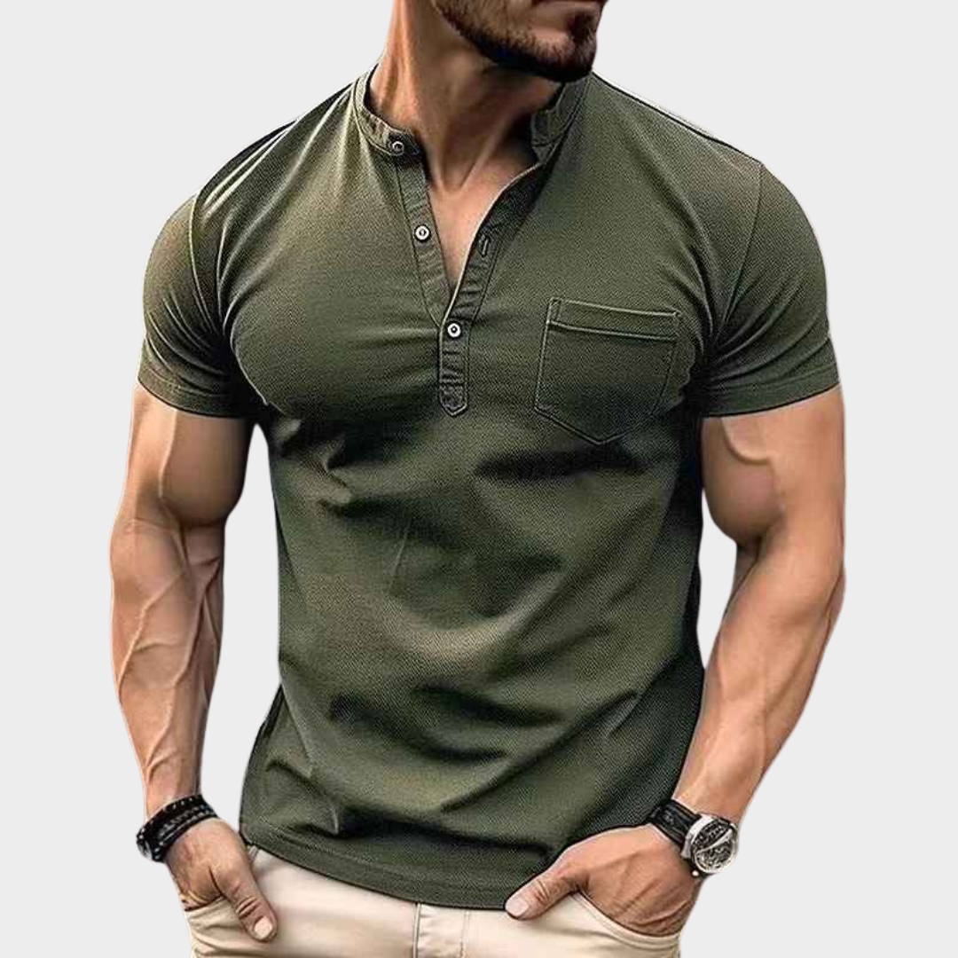 Men's Casual Short Sleeve Polo Shirt – Stand Neck with Pocket – Soft Breathable Cotton Blend – Multiple Colours