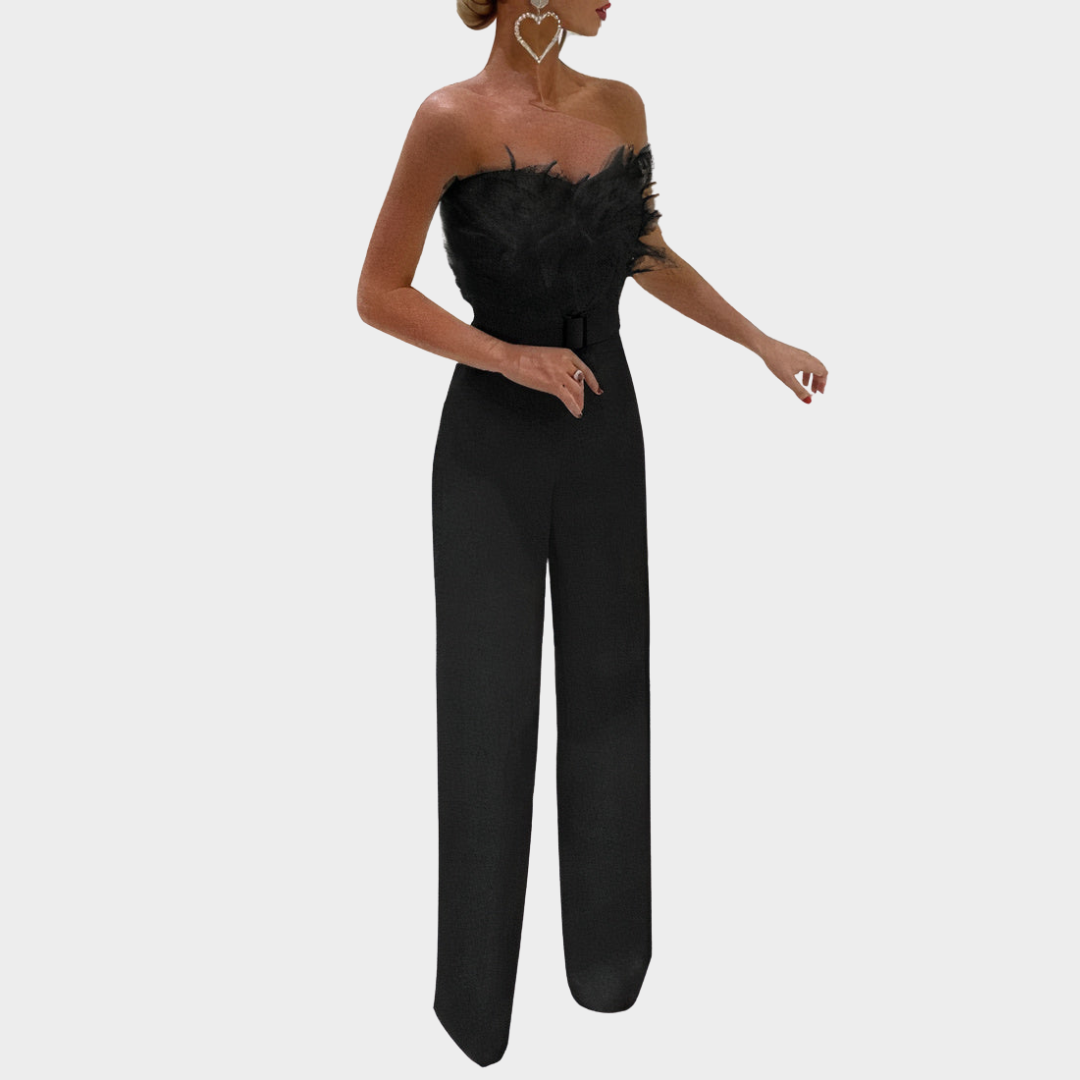 Women's Strapless Jumpsuit – Elegant Feather Detail – Sleeveless – Evening Party Outfit – Multiple Colours