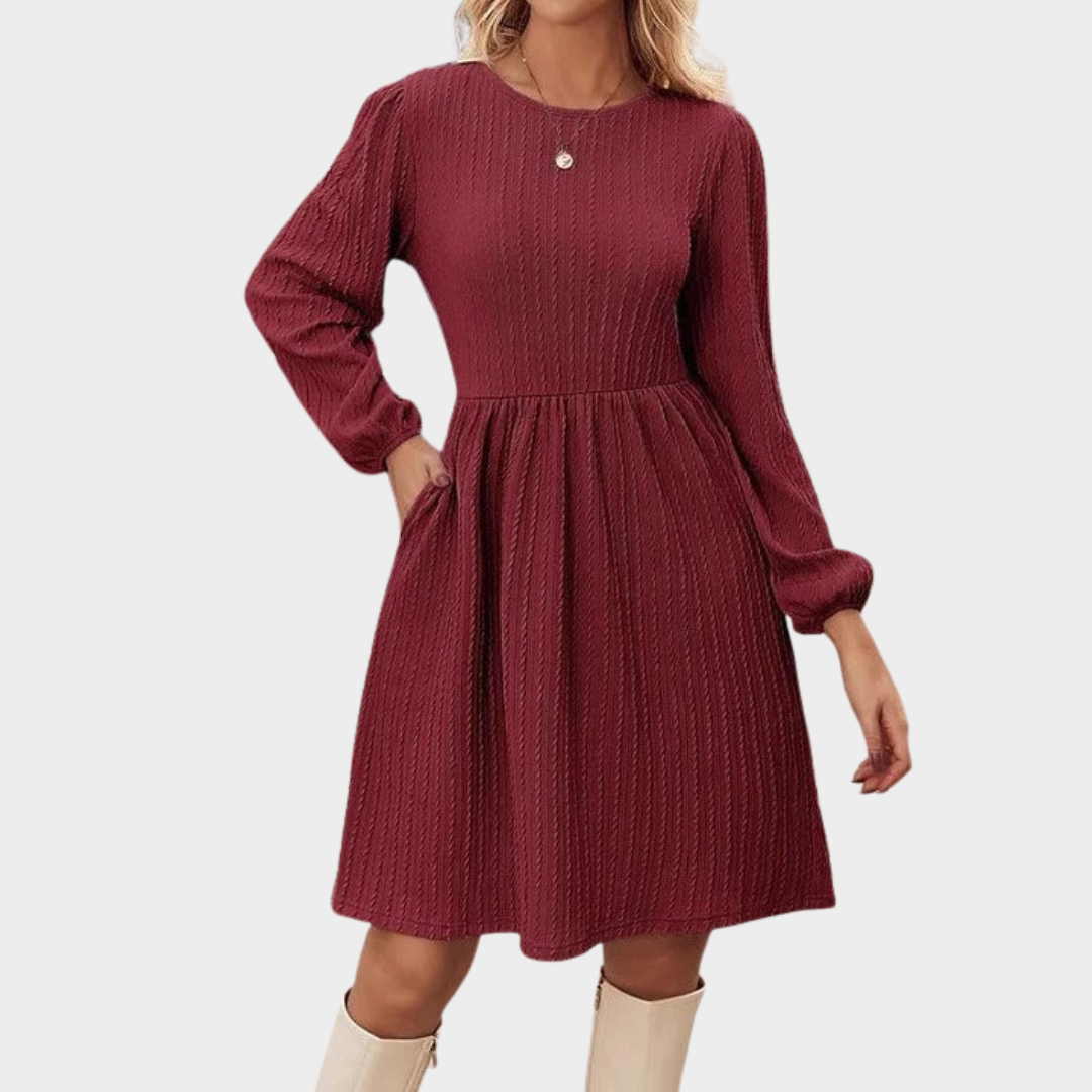 Women’s Knitted Bubble Dress – Long Sleeve Round Neck Embroidered Detail – Elegant Casual Style – Multiple Colours