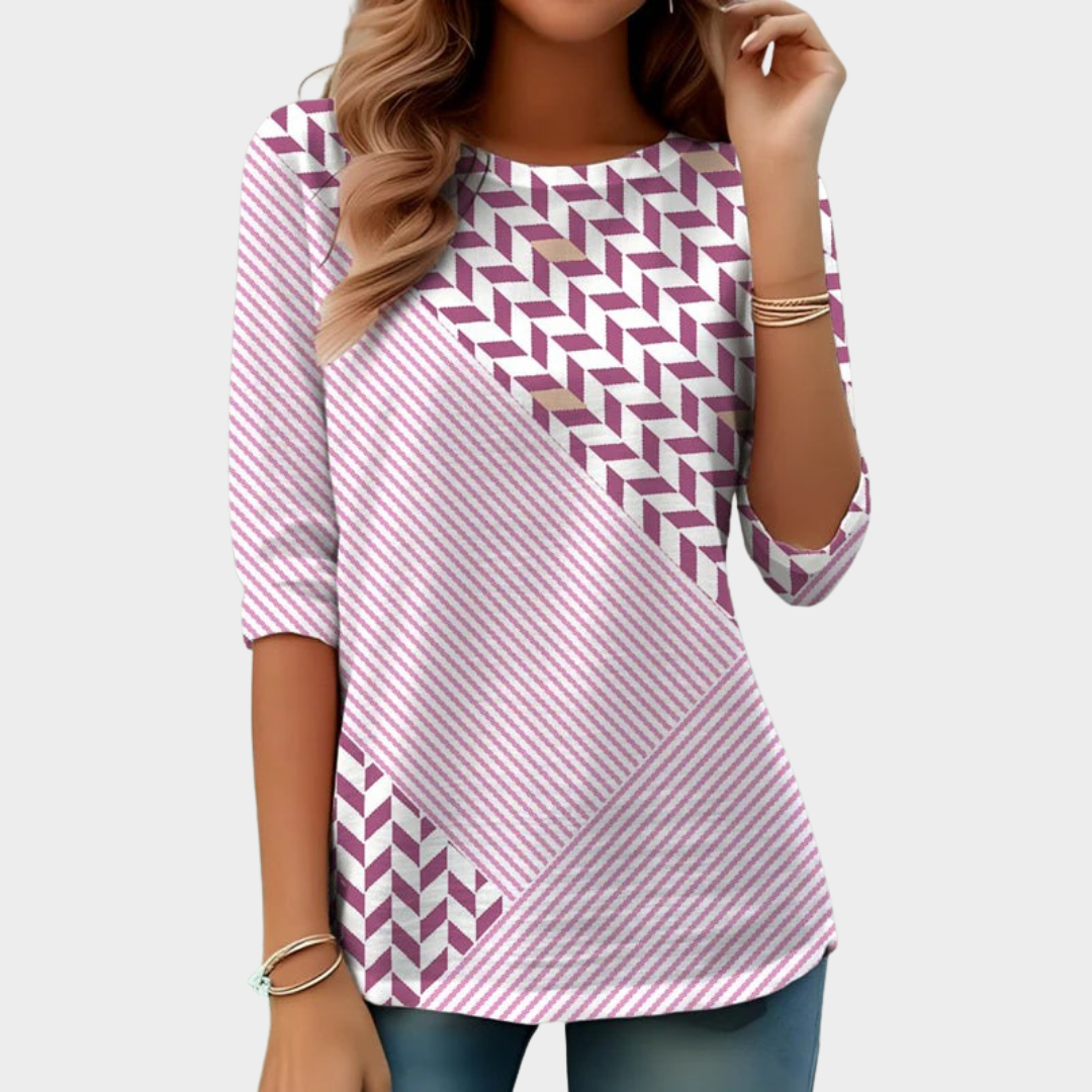 Women's Casual Striped T-Shirt – Long Sleeve Round Neck Cotton Polyester Top – Pink