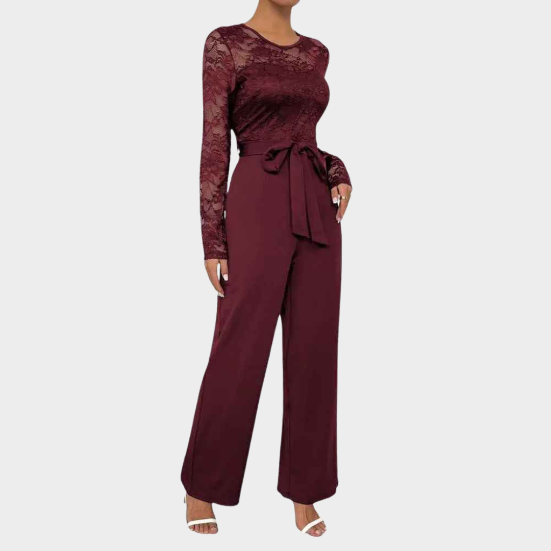 Women's Long Sleeve Lace Formal Jumpsuit – High Waisted Wide Leg One Piece Romper with Belt – Multiple Colours