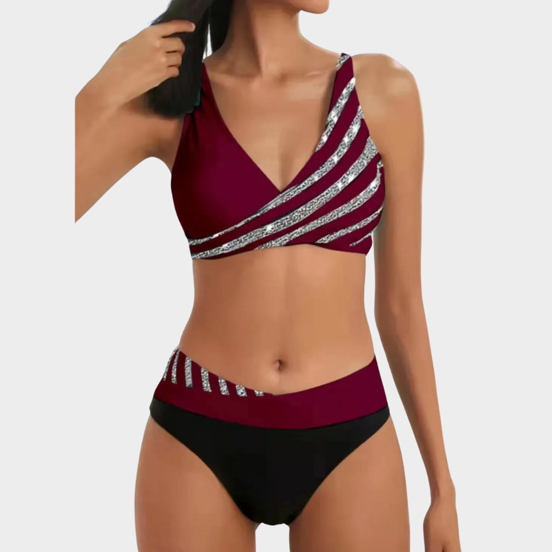 Women Two Piece Bikini Set – Lace Up Holiday Swimsuit with Diagonal Print – Shining Detail and Comfortable Fit – Multiple Colours