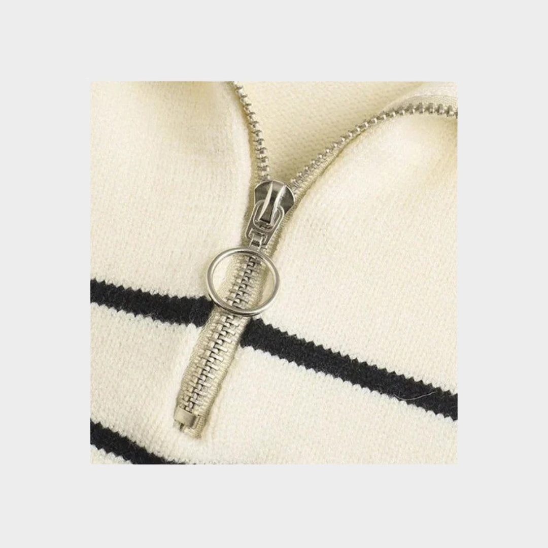 Women’s Vintage Chic Knit Sweater - Striped Zip-Up Design, Old Money Style, Cream White and Blue