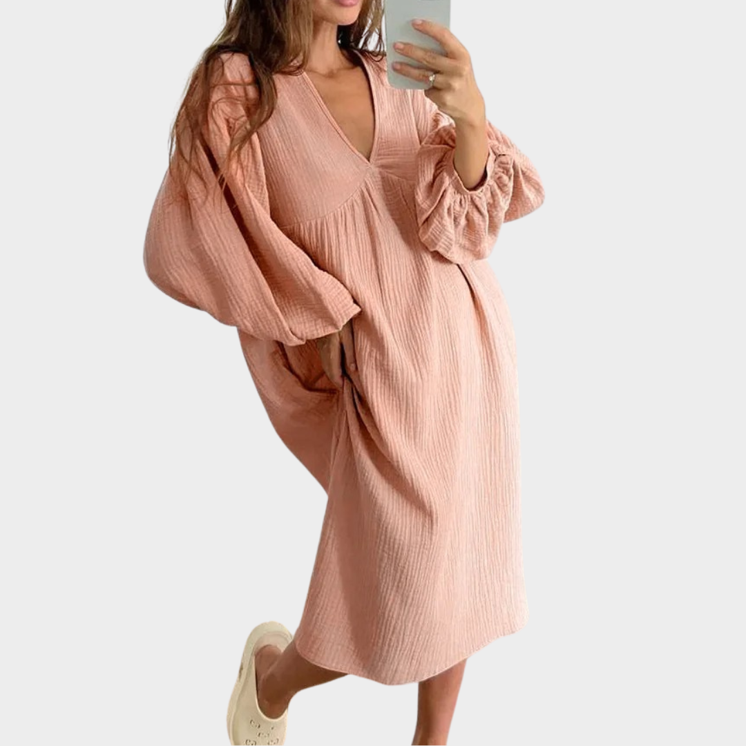 Women’s Long Sleeve Cotton Dress – Loose Fit A-Line Midi Style – Soft Lightweight Fabric – Multiple Colours