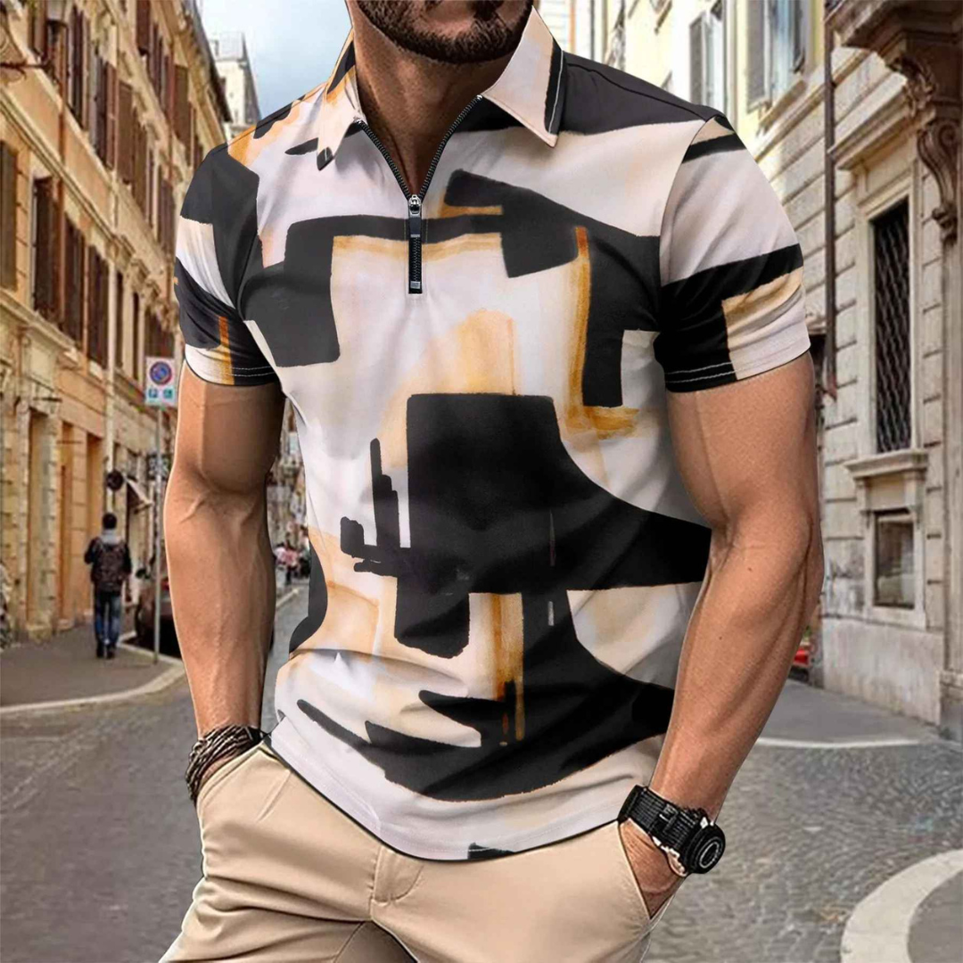 Men's Polo Shirt – Loose Fit 3D Printed Short Sleeve Cotton Blend – Breathable Casual Design – Black