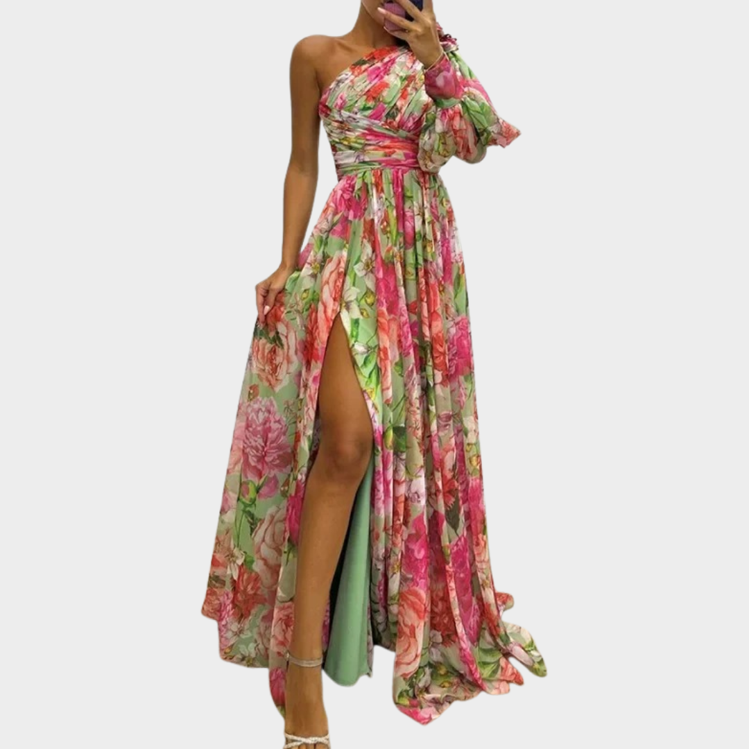 Women Off-Shoulder Slit Dress – Casual Long Sleeved Waist-Tied Fit with Slanted Collar and Printed Design – Lightweight Fabric – Multiple Colours