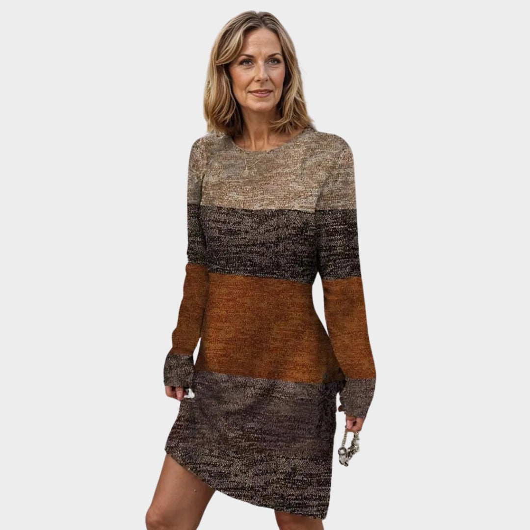Women's Spring Autumn O-Neck Long Sleeve Casual Dress – Fashion Print, Knee-Length Office Lady Style (Light Brown, Blue, and More)