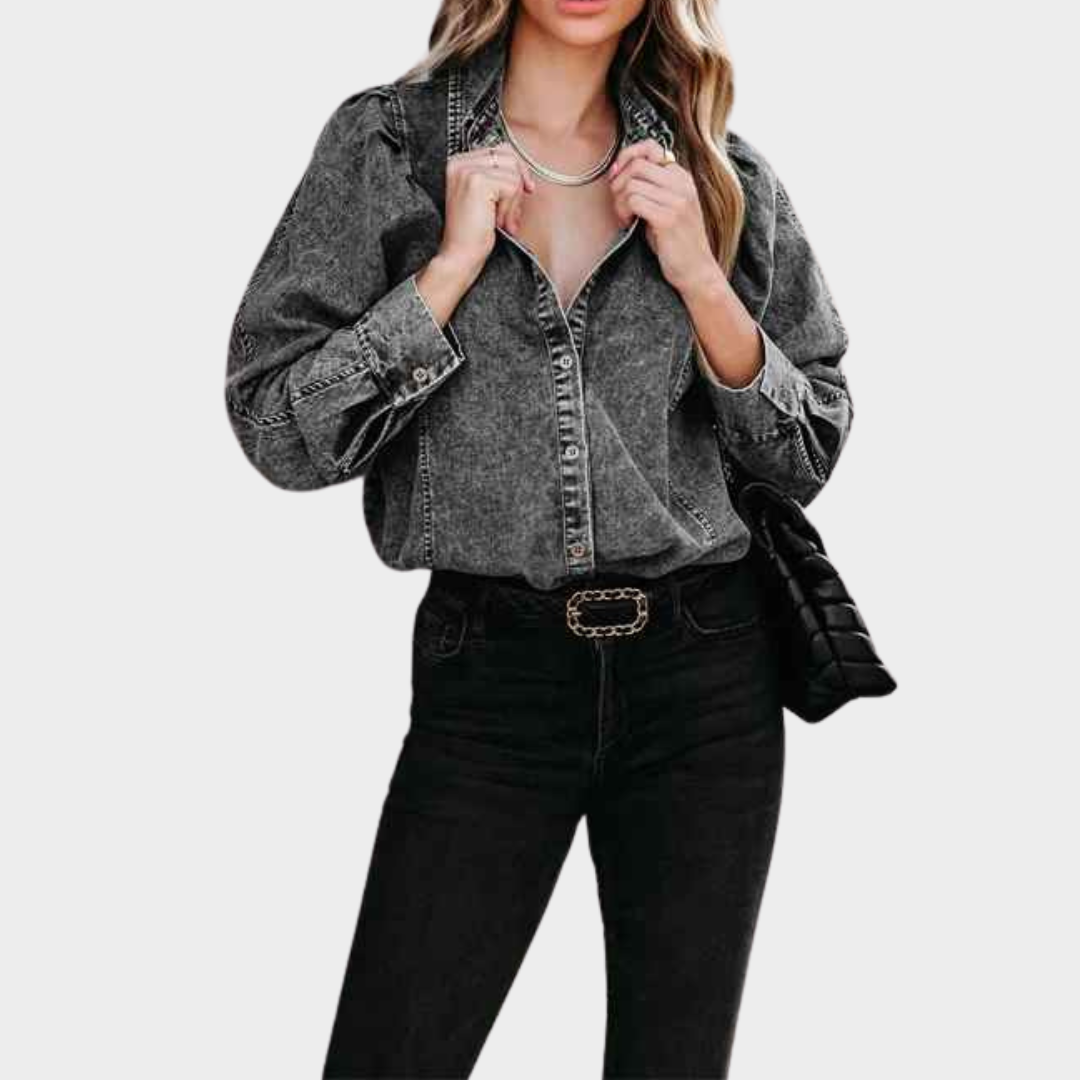 Women's Denim Blouse - Puff Long Sleeve Boho Shirt - Loose Fit Vintage Cotton Top - Multiple Colours
