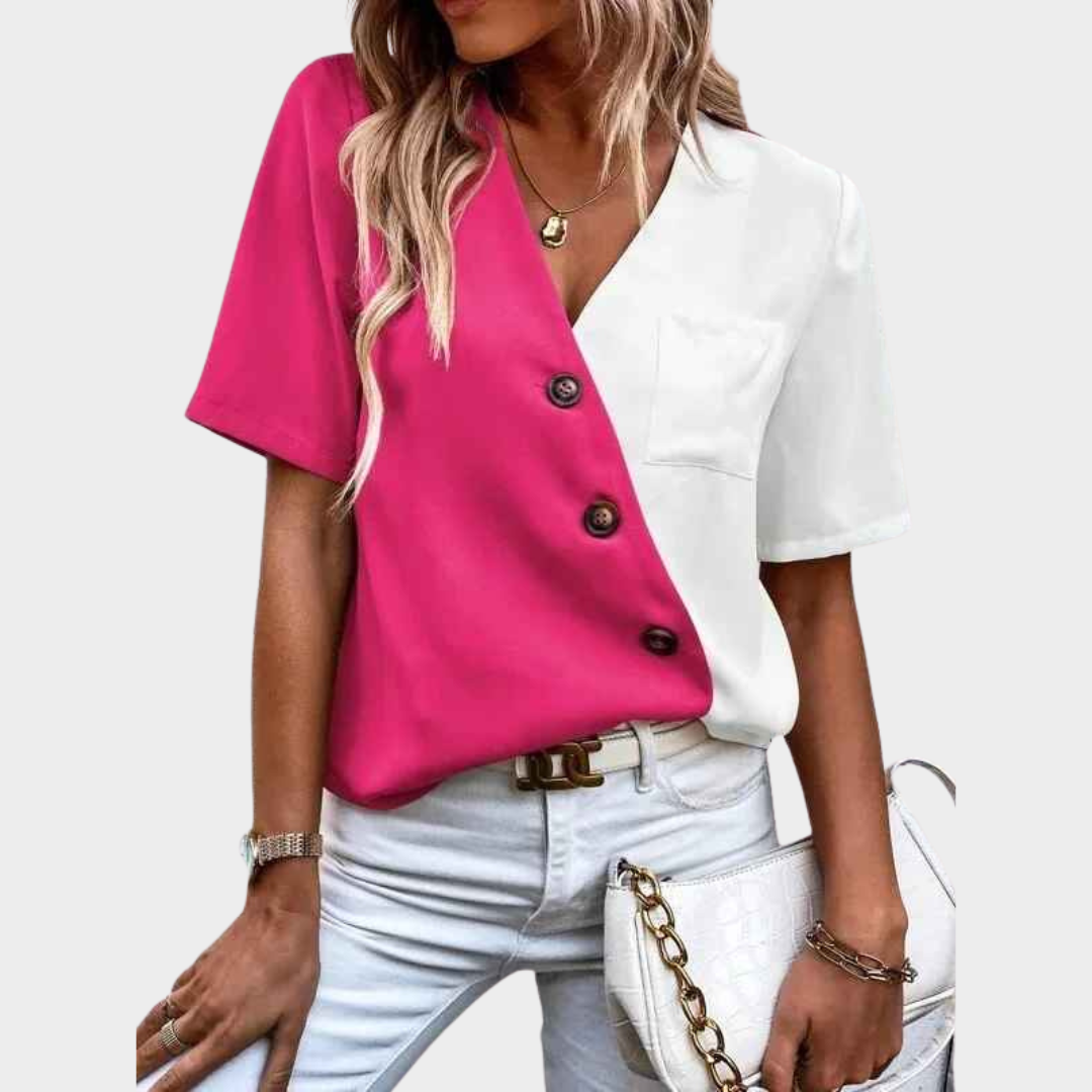 Women's V-Neck Blouse – Colour Splicing Short Sleeve Office Shirt Style – Multiple Colours