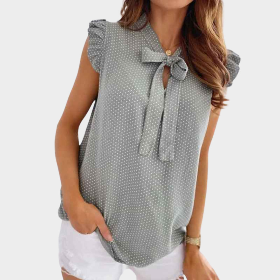 Women Sleeveless Blouse – Relaxed Fit Bow Tie Neck with Polka Dot Ruffle Trim – Multiple Colours