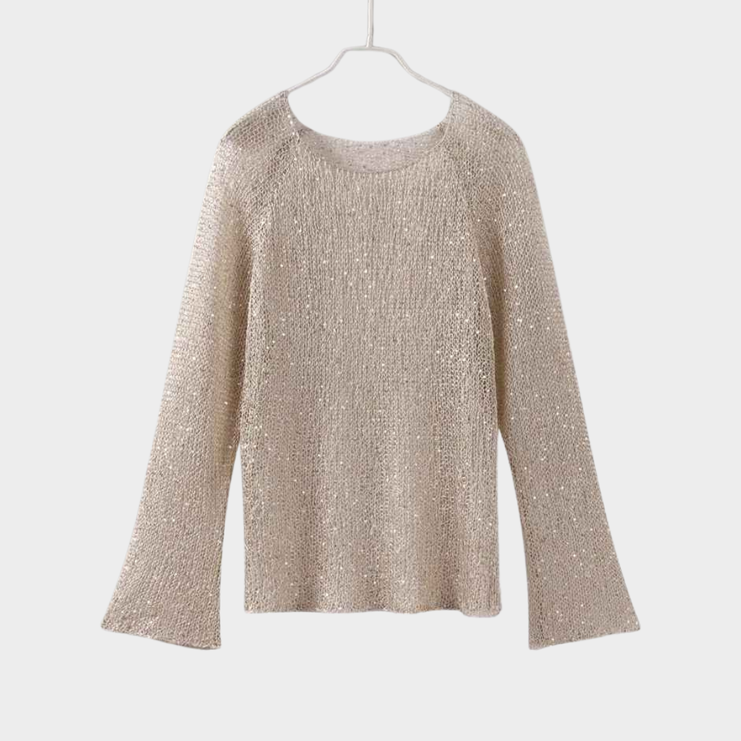 Women's Sequin Knit Sweater - Loose Fit Pullover - Hollow Out Design - O-Neck - Long Sleeve - Beige