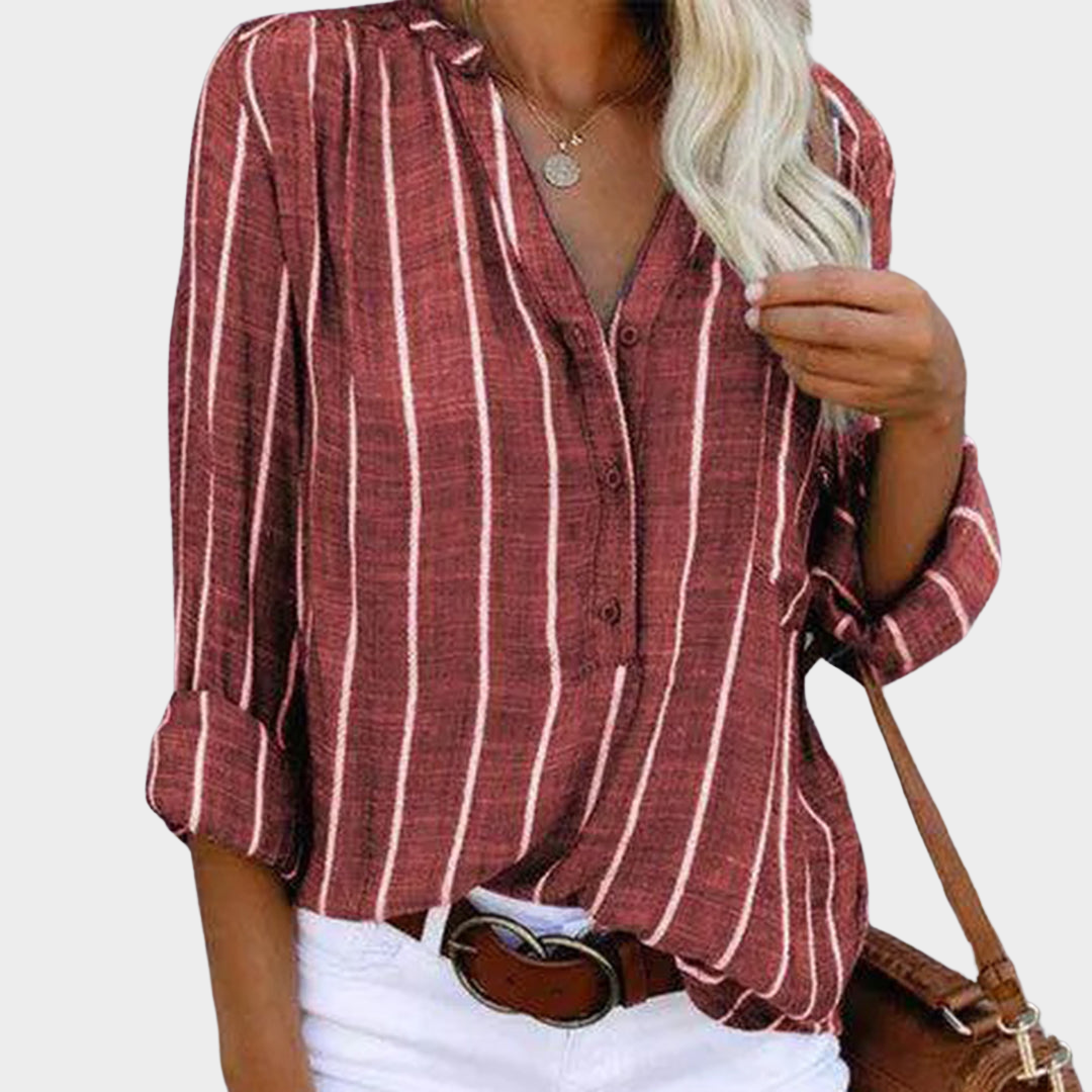 Women's Striped Shirt – Long Sleeve – Button-Up – Classic Collar – Chic & Elegant Cotton Blouse – Multiple Colours