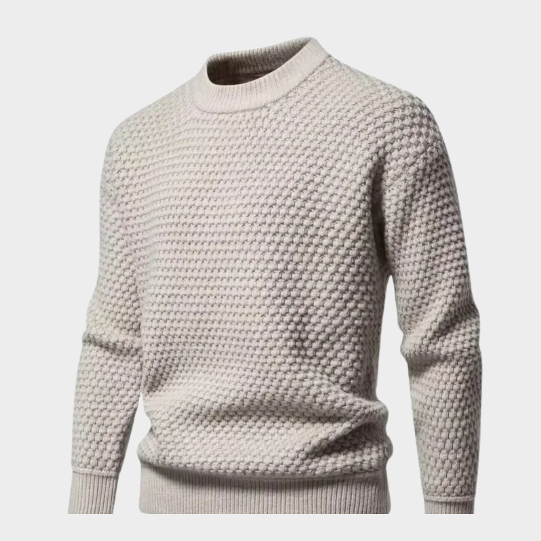 Men's Winter Knitted Sweater - Round Neck Solid Color Checked Design (Light Grey, Beige, Grey)
