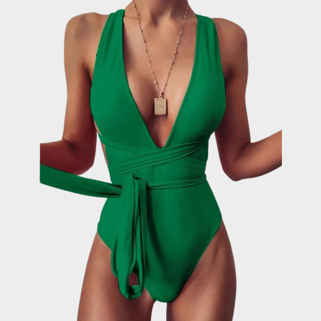 Women One Piece Swimsuit – Deep V Neck Lace-Up Bandage Fit in Stretch Fabric – Multiple Colours