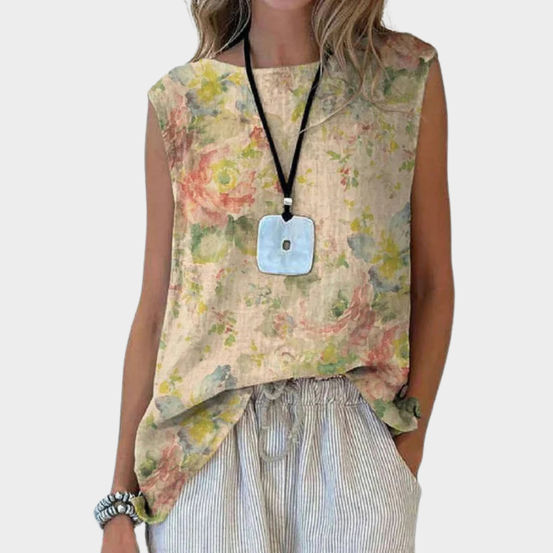 Women’s Tank Top – Sleeveless Round Neck Floral Print Vest – Soft Cotton-Poly Blend – Lightweight, Relaxed Fit – Beige