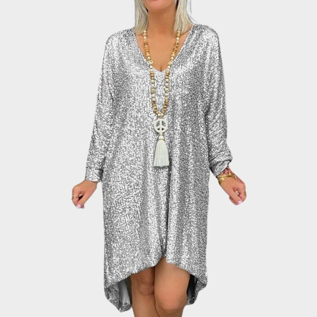 Women’s High-Low Hem Dress – V-Neck – Long Sleeve – Shiny Sequin Finish – Relaxed Boho Fit – Multiple Colours