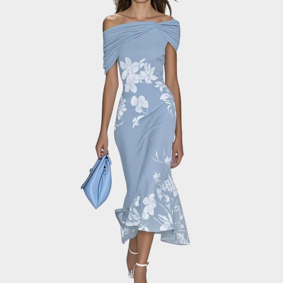 Women’s Off Shoulder A-Line Dress – Elegant Floral Print High Waist Long Wrap Dress – Multiple Colours