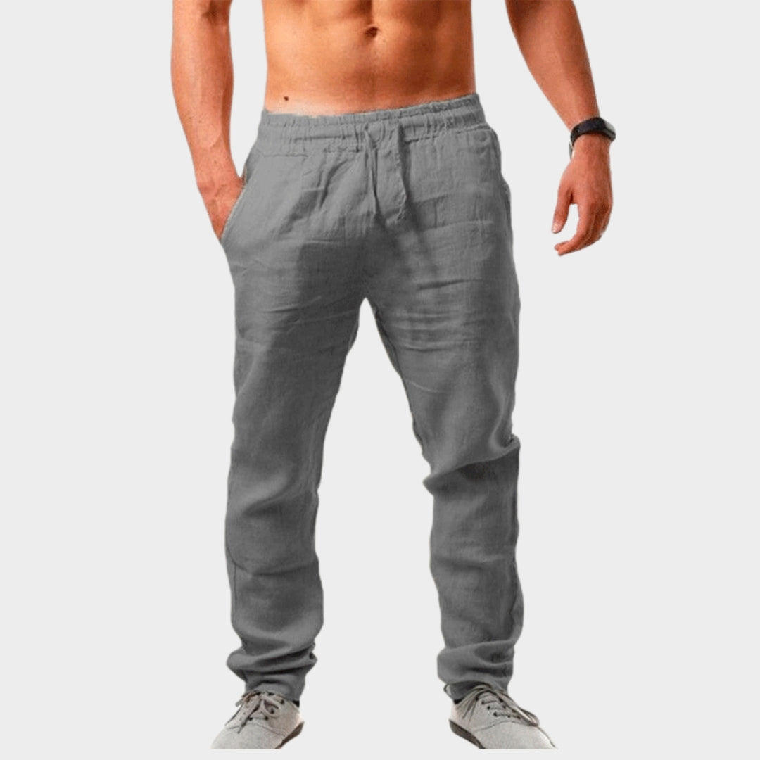 Men's Cotton Linen Trousers - Loose Fit - Elastic Waistband - Lightweight & Breathable - Multiple Colours