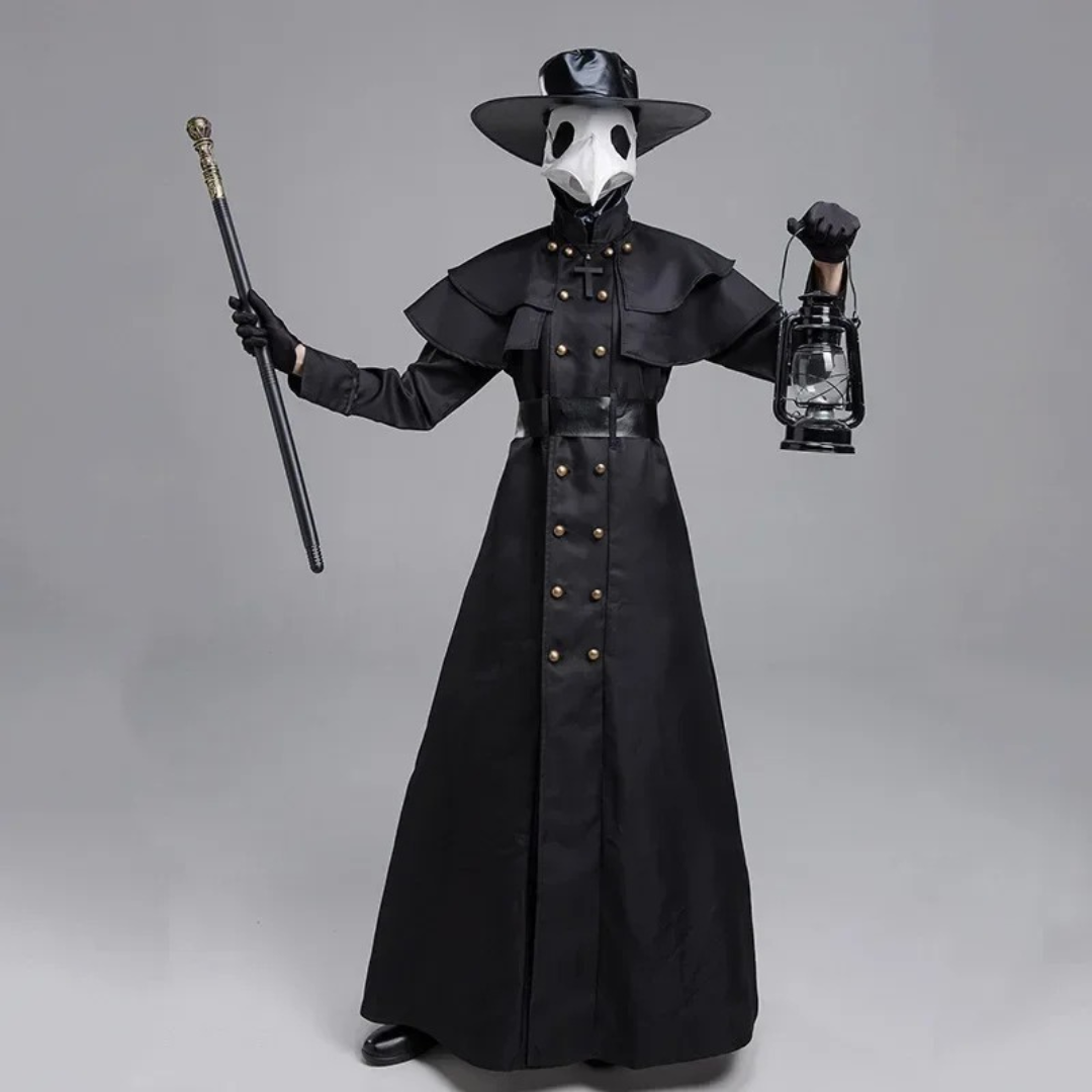 Men’s Medieval Hooded Robe Halloween Costume – Plague Doctor Monk Cosplay Outfit with Cloak and Cape – Horror Priest Wizard Costume – Black