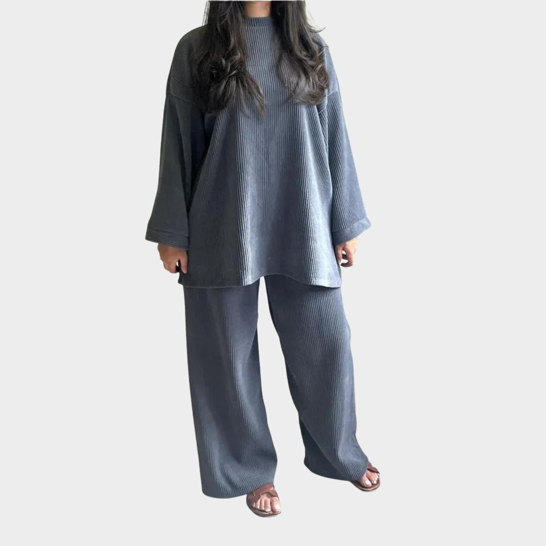 Women Two Piece Knitted Outfit – Casual Pullover Top and Loose Fit Trousers – Round Neck Soft Knit Material – Multiple Colours