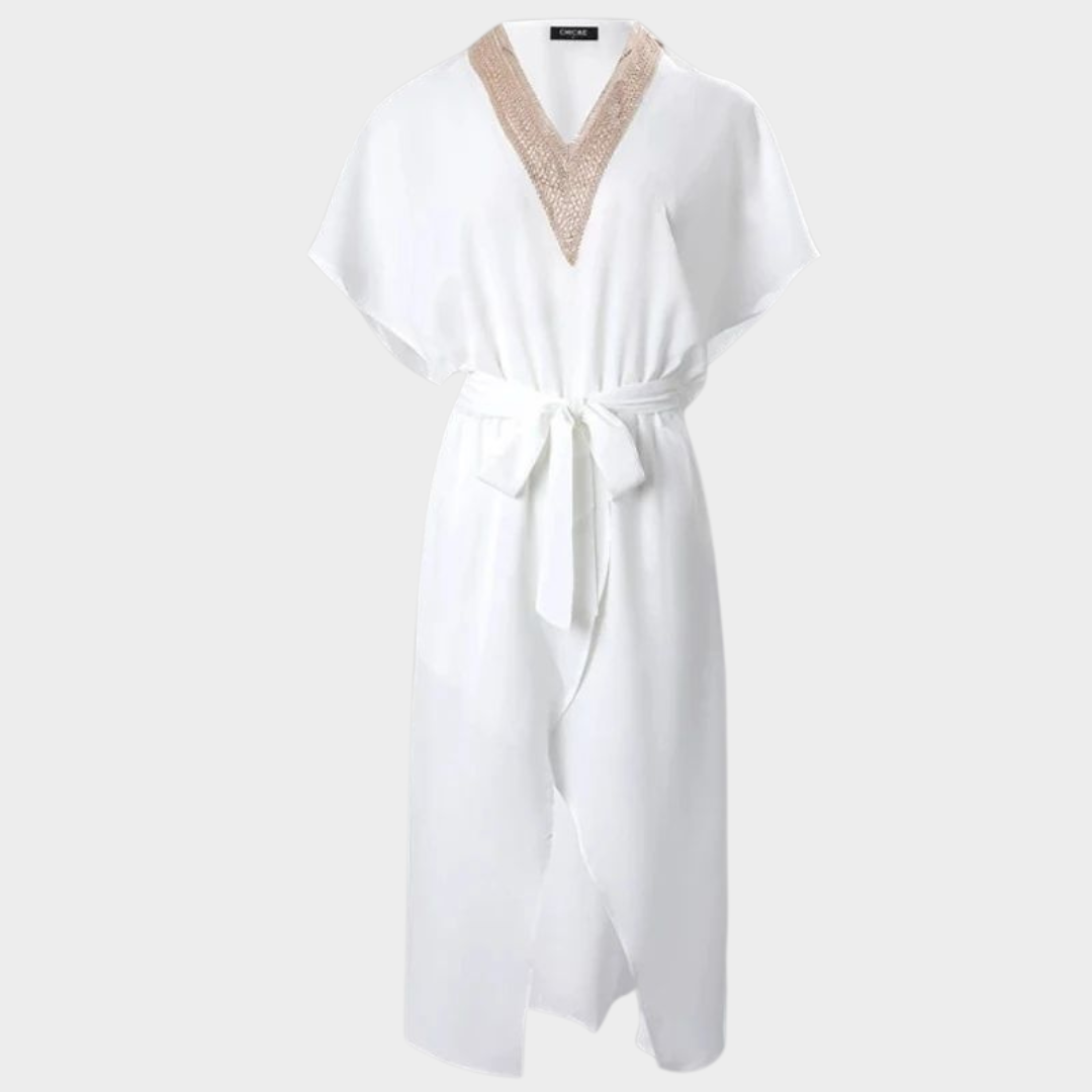 Women's Midi Dress – V-Neck – Short Sleeve – Lace-Up Waist – Loose Fit – Elegant & Casual – White