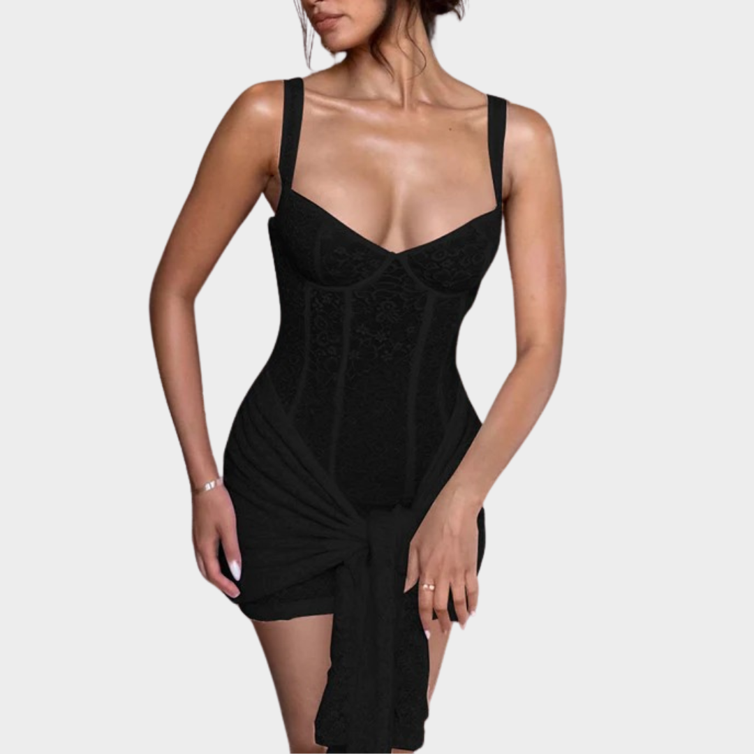 Women Mini Dress – Slim Fit with V-Neck Lace Detailing – Waist Stitching – Adjustable Straps – Hip Hugging Design – Elegant Party Wear – Multiple Colours