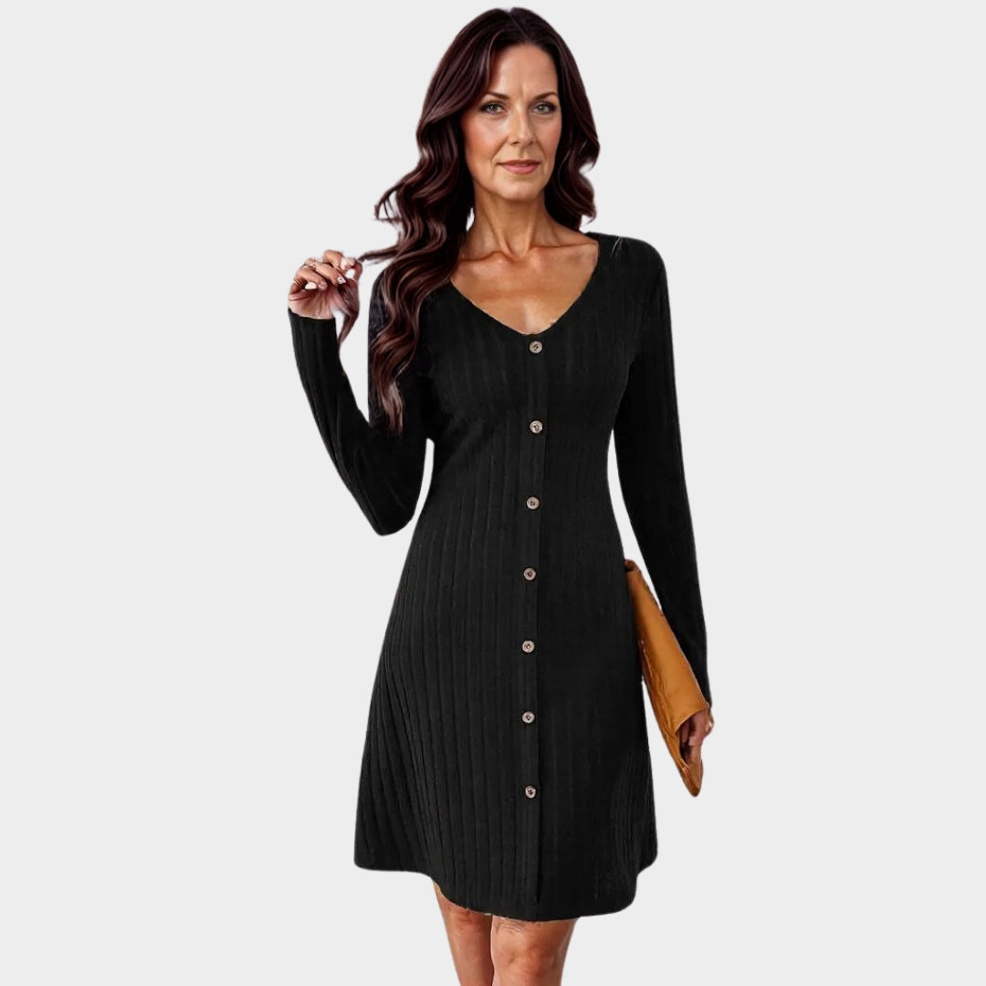 Women's Solid Ribbed Knitted Mini Dress – Long Sleeve A-Line Knot Detail, Black, Pink, Grey, Green