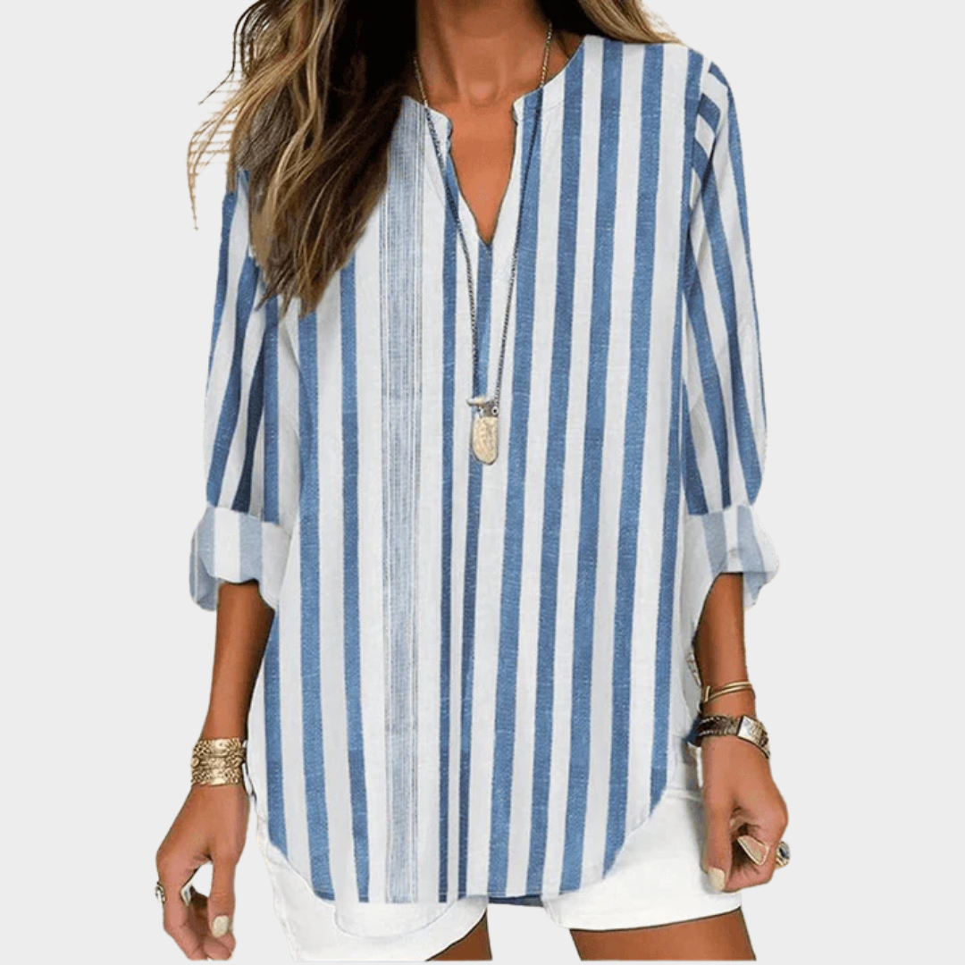 Women’s Tunic Top – Relaxed Fit – V-Neck – 3/4 Sleeve – Striped Natural Fibres – Blue