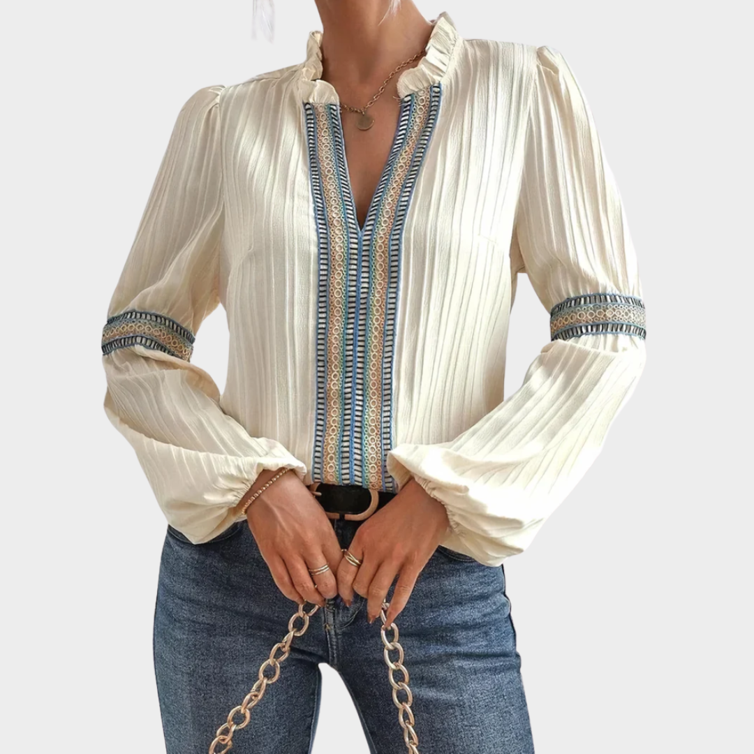 Women's V-Neck Blouse – Bubble Sleeve Shirt – Color Blocked Party Top – Apricot