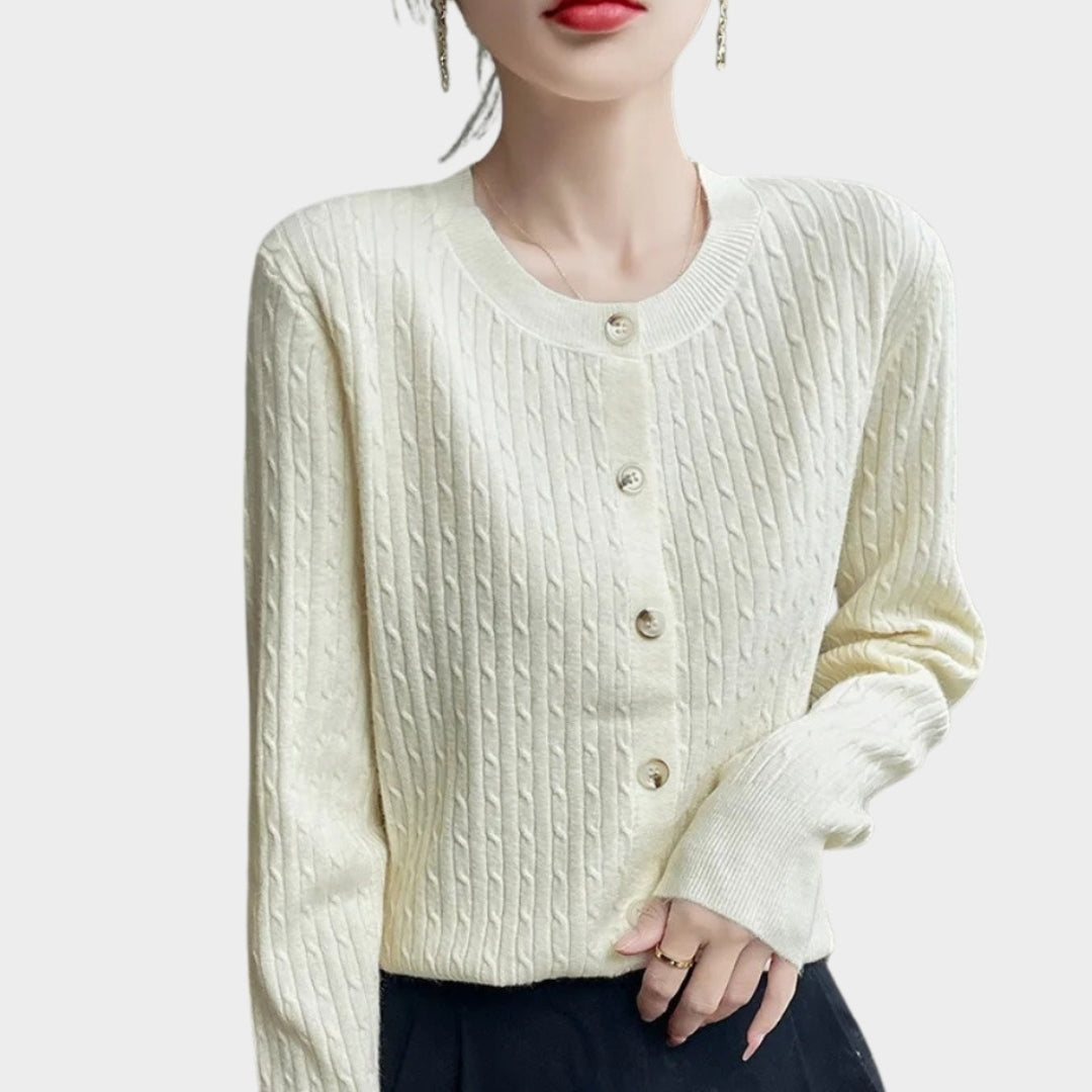 Women’s 100% Merino Wool Sweater – O-Neck Hollow Twisted Cardigan, Long Sleeve Knitted Top, Multiple Colors