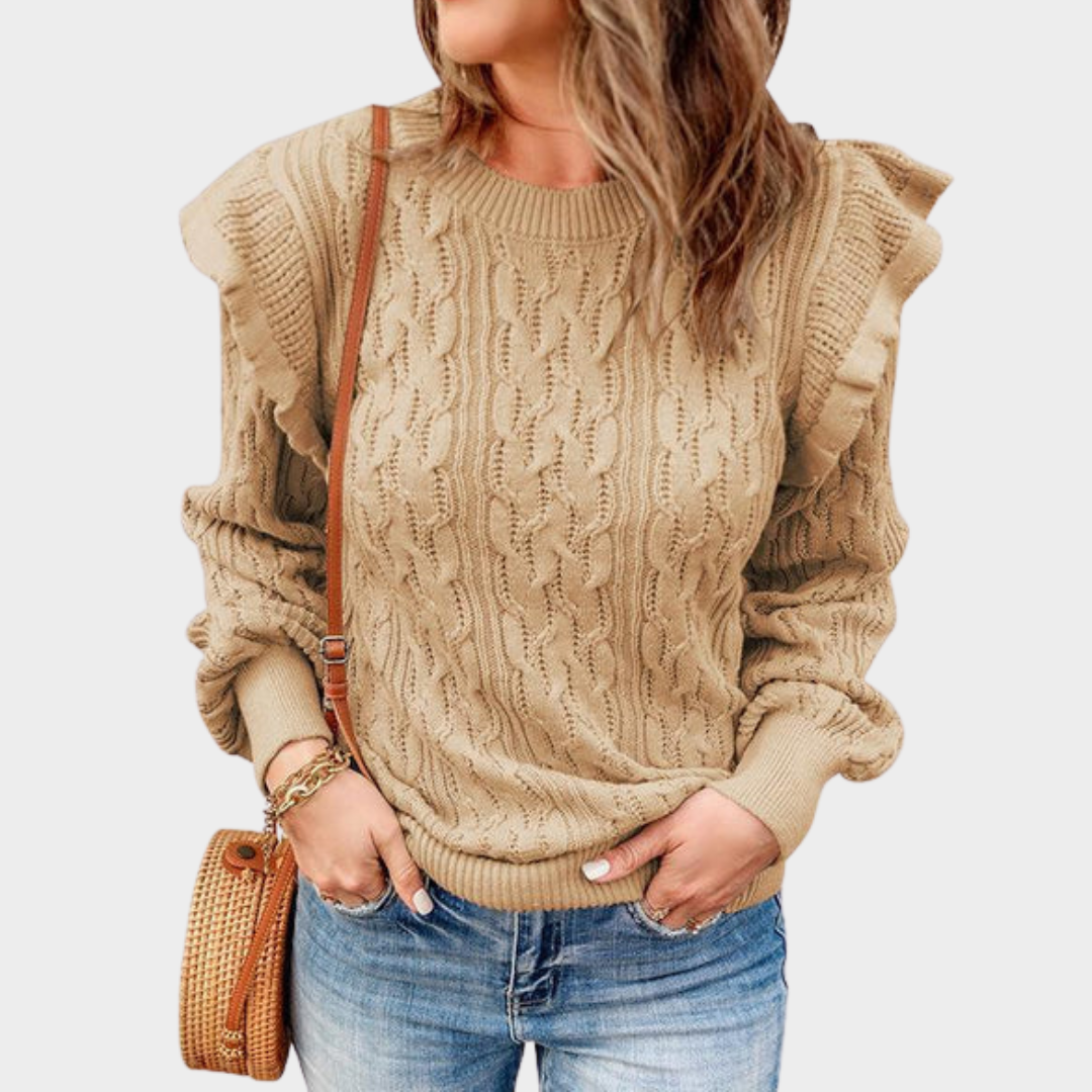 Women’s Knitted Pullover Sweater – Long Sleeve Ruffle Detail Jumper – Soft Knit Fabric – Multiple Colours