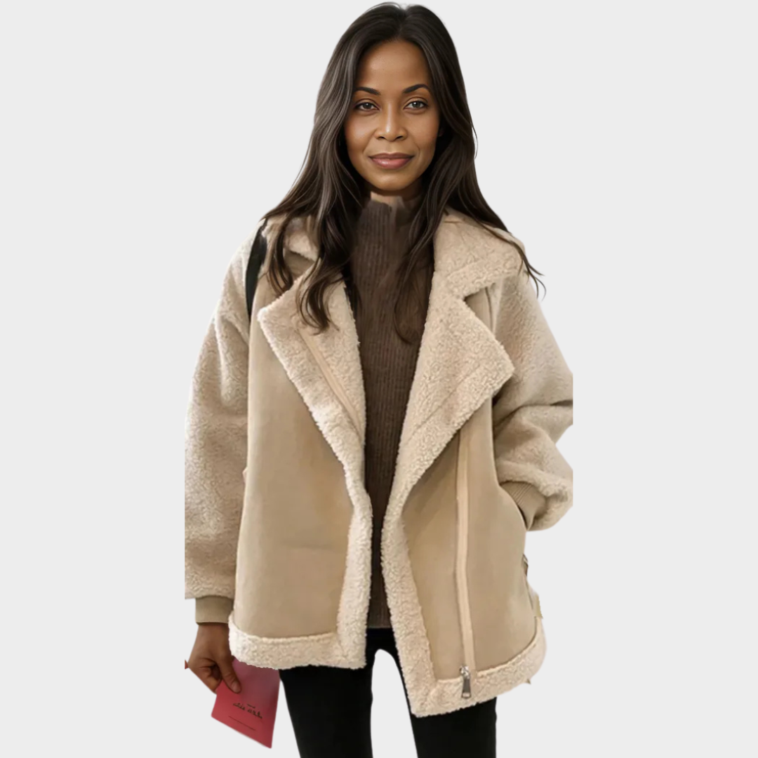 Women's Trendy Varsity Bomber Jacket – Thickened Fabric, Loose Fit, Harajuku Style, Winter Coat (Beige)