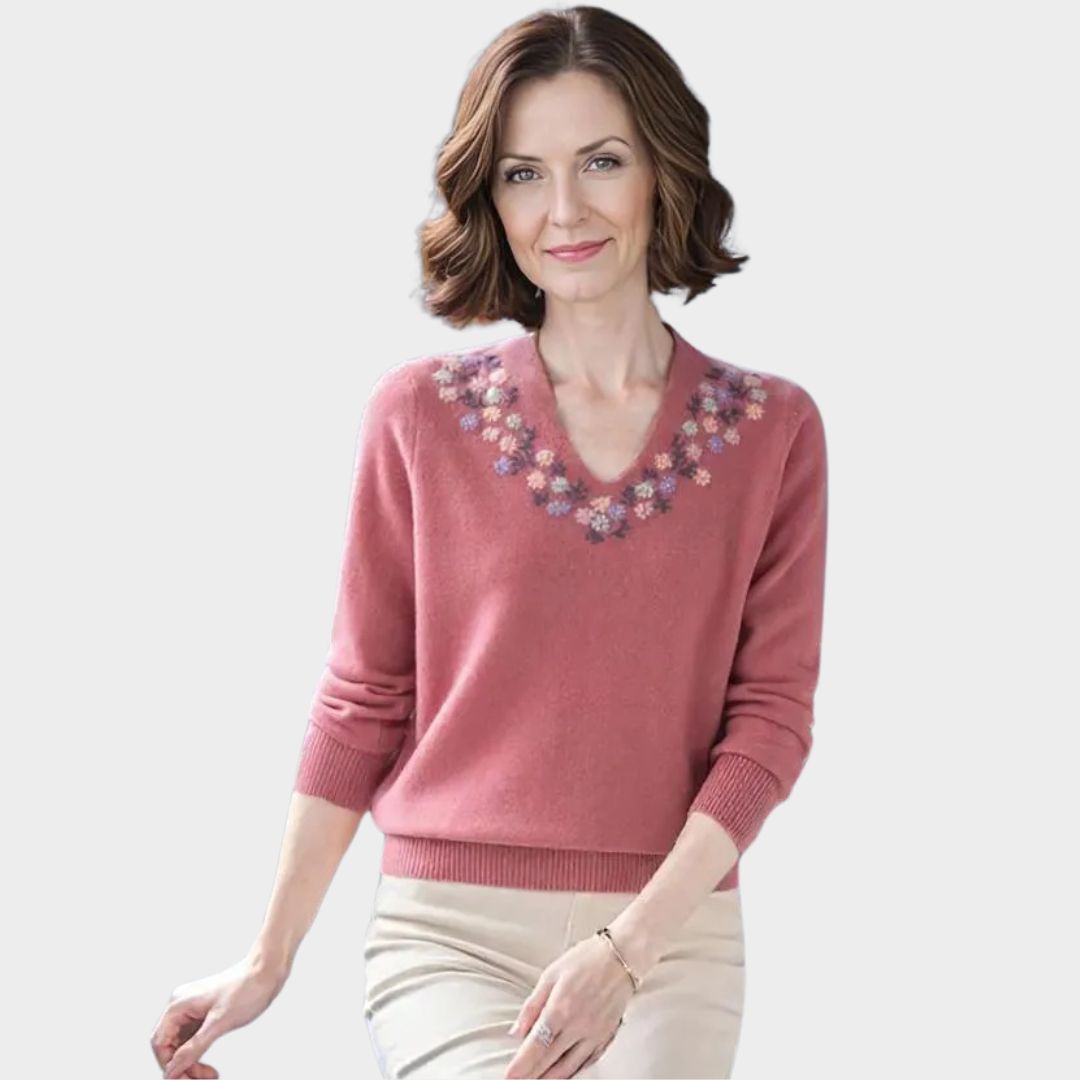 Women's V-Neck Embroidered Cashmere Sweater – Long Sleeve Knitted Pullover in Skin Red, Pink, Red
