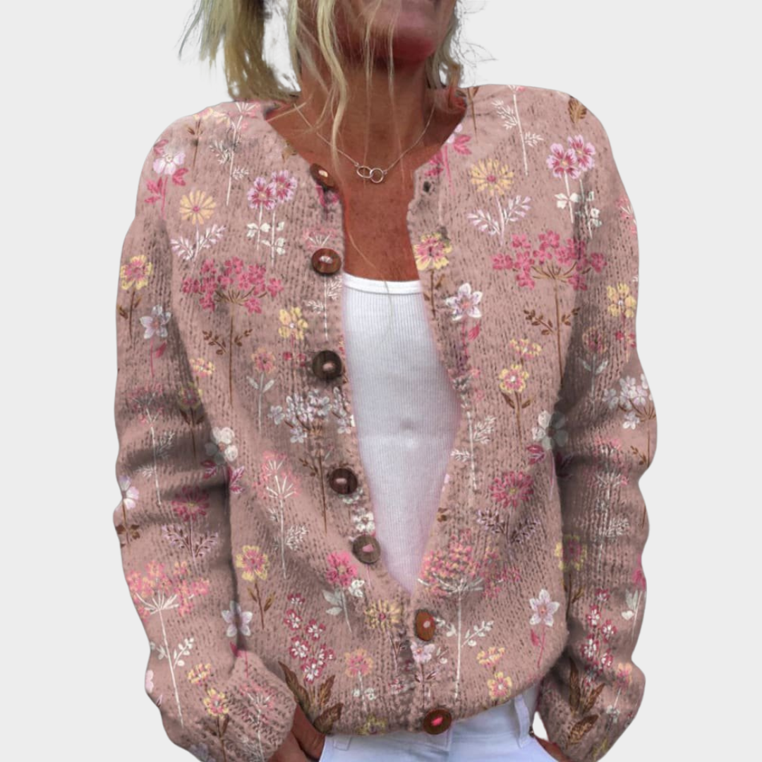 Women's Floral Knit Cardigan – V-Neck – Soft & Warm – Adjustable Fit – Multiple Colours