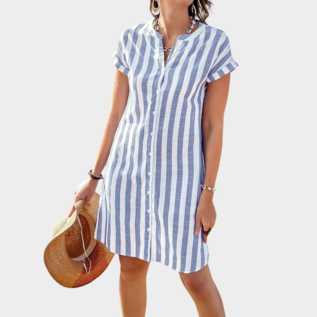 Women's Shirt Dress – Short Sleeve Relaxed Fit with Vertical Striped Cotton Blend – Multiple Colours