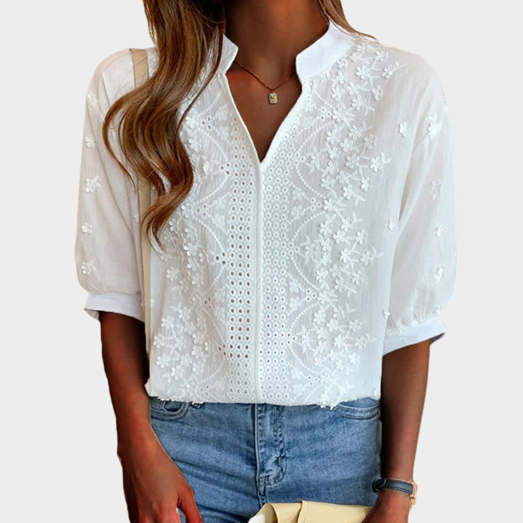 Women’s V-Neck Blouse – Short Sleeve Lace Top – Casual Elegant Fit – Lightweight Soft Fabric – White