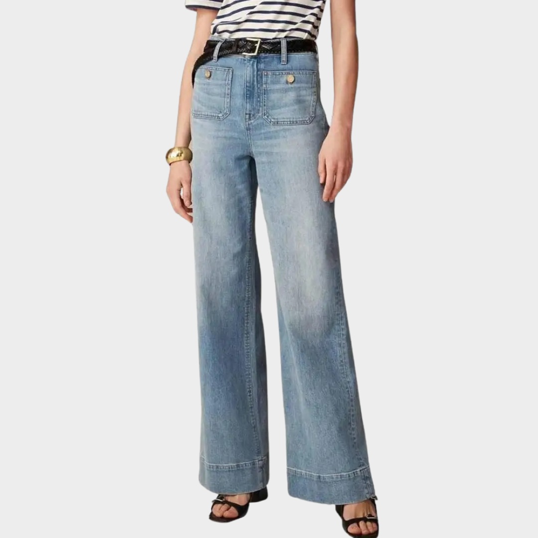 Women’s High Waist Wide Leg Denim Jeans – Button Detail Casual Fit with Multi Pockets – Butt-Lifting Shaping Style – Multiple Colours