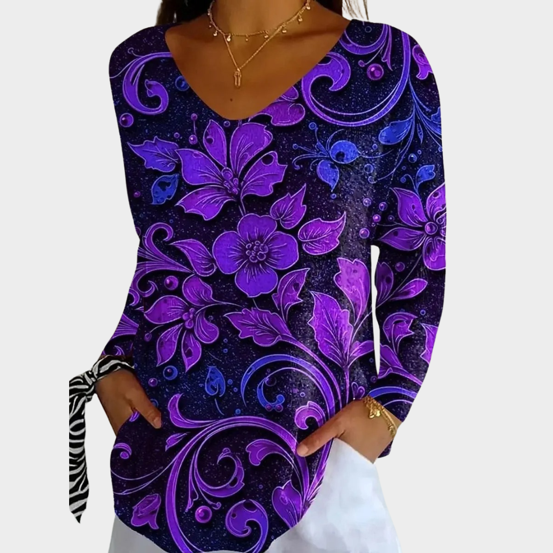 Women’s V-Neck T-Shirt – Long Sleeve Floral Graphic Print Pullover Top – Elegant Casual Regular Fit Tee – Purple