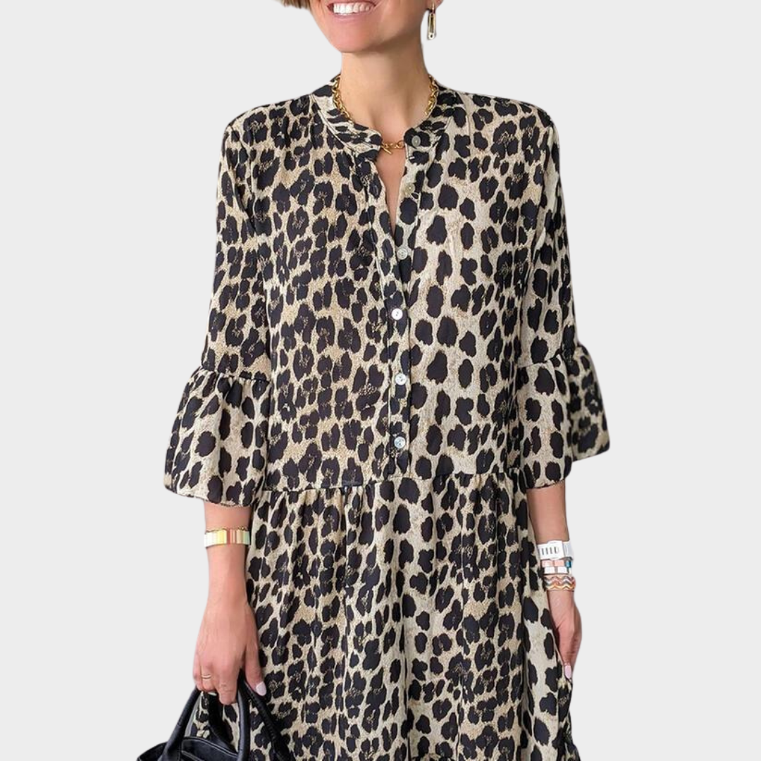 Elegant Women's V-Neck Dress – Figure-Flattering Silhouette – Flowing Skirt – Leopard Print