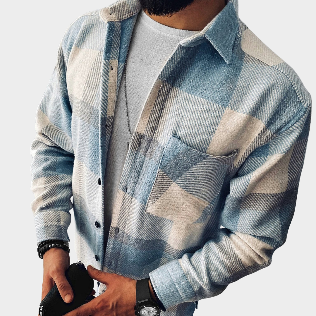 Men’s Long Sleeve Check Shirt – Stand Collar – Button-Up – Casual Jacket – Soft Fabric – Blue