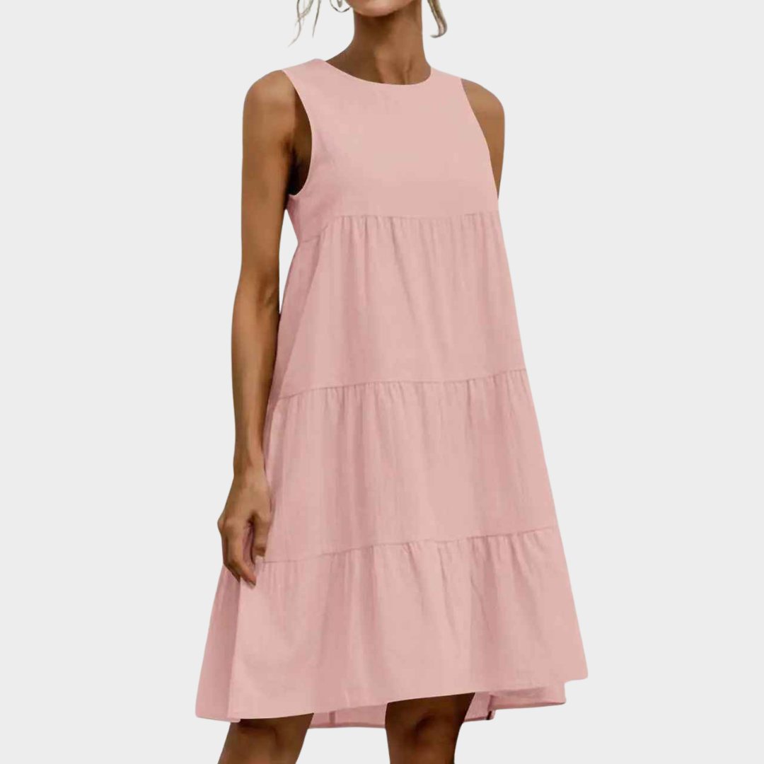 Women Sleeveless Midi Dress – Cotton Linen Loose Fit with Round Neck and Patchwork Design – Multiple Colours